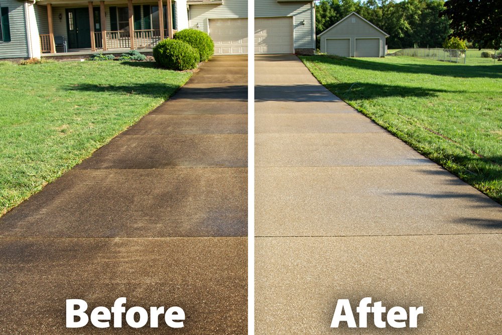 Driveway before and after pressure washing, dark stains removed