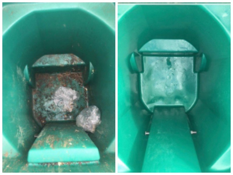 Inside of a trash can before and after cleaning, grime removed